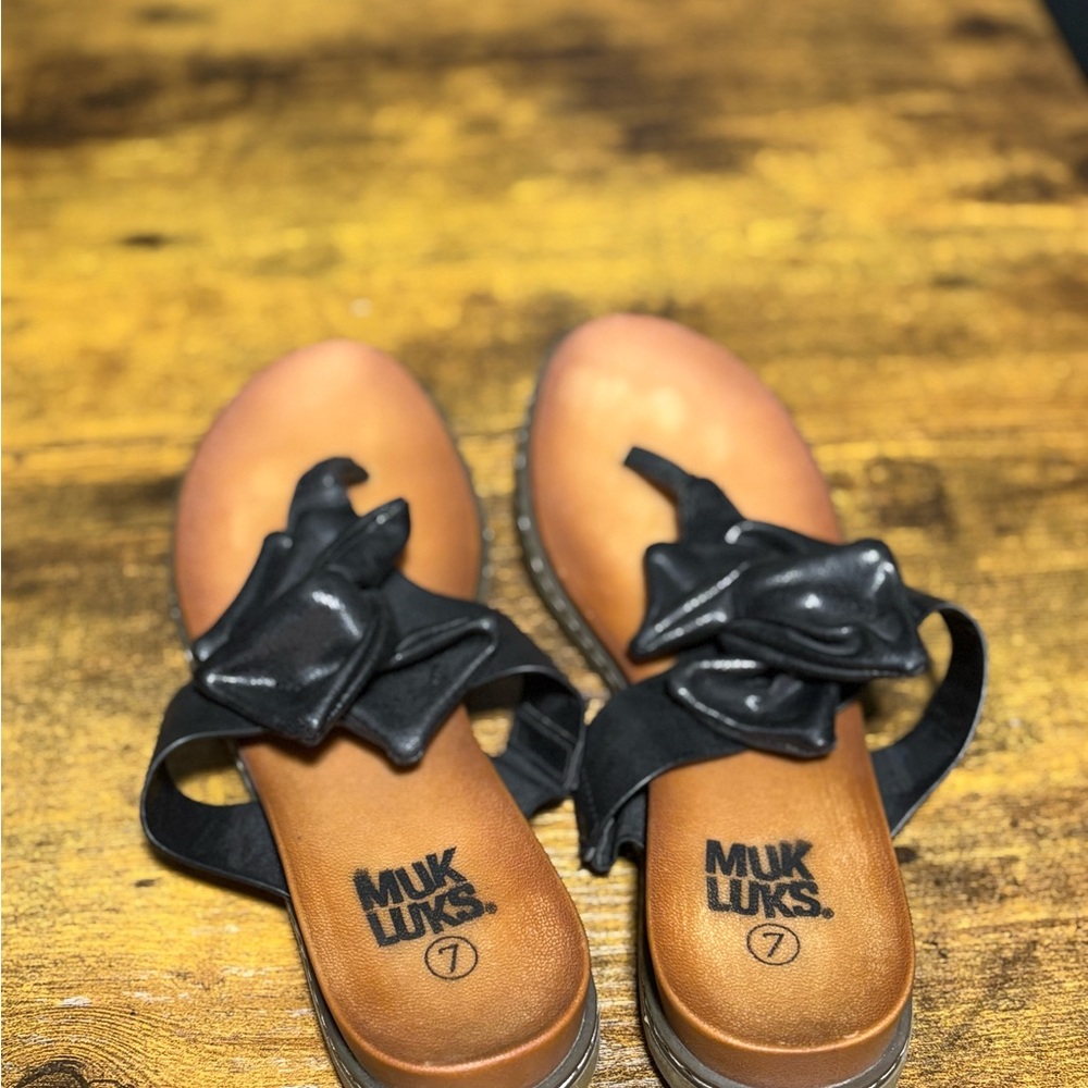 Muk Luks Black and Brown Slide Sandals